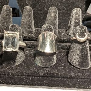 Costume ring lot 3 silvertone statement rings CZ cushion solitaire crescent moon